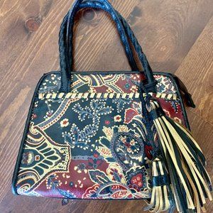 Patricia Nash Navy, Gold, Maroon Leather Tassel Handbag